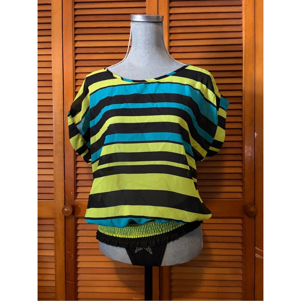 Y2K Wet Seal Striped Chiffon Bubble Top in Lime & Teal Stripes